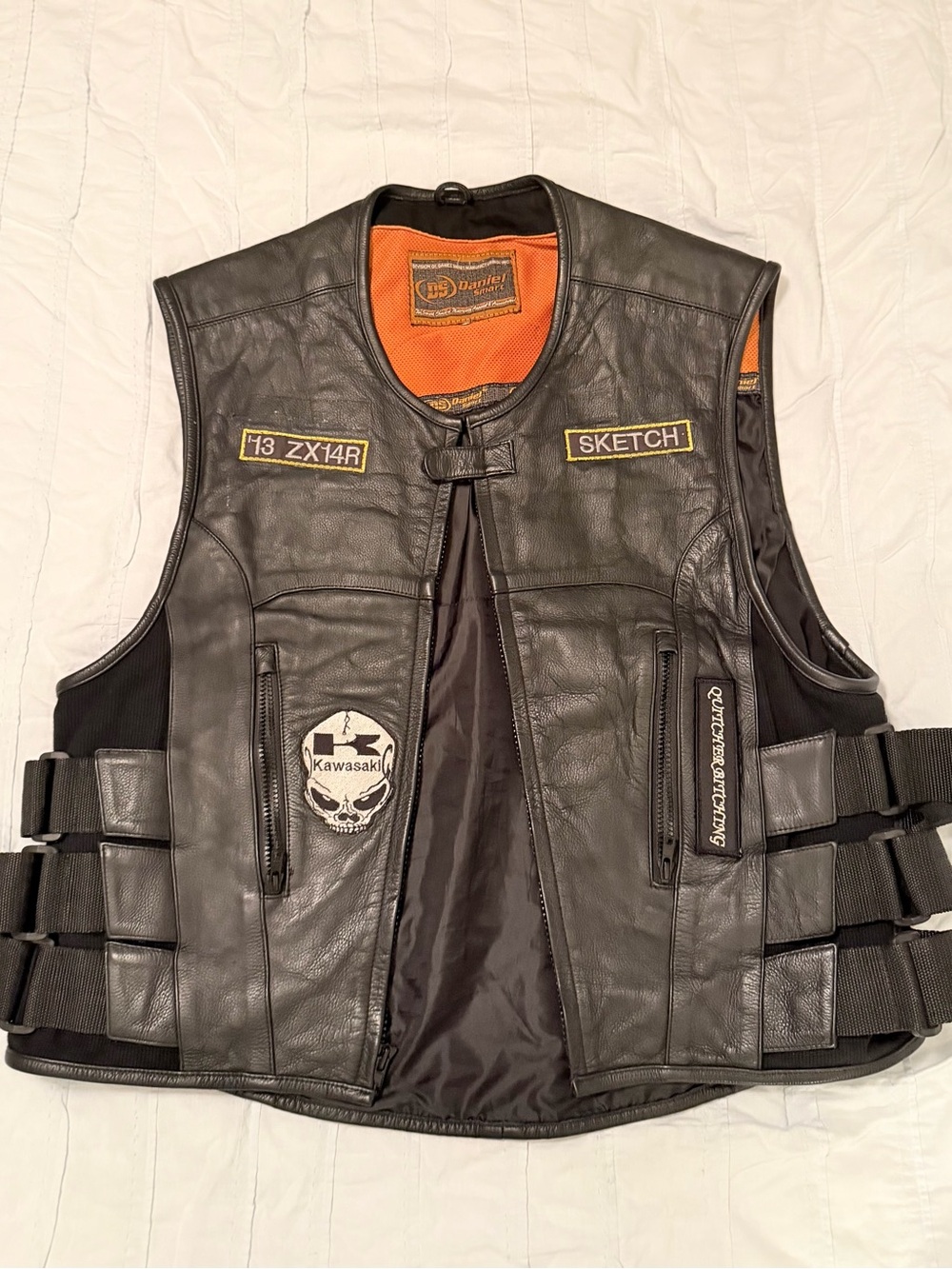 Black Leather Motorcycle Vest with Orange Liner - Patch